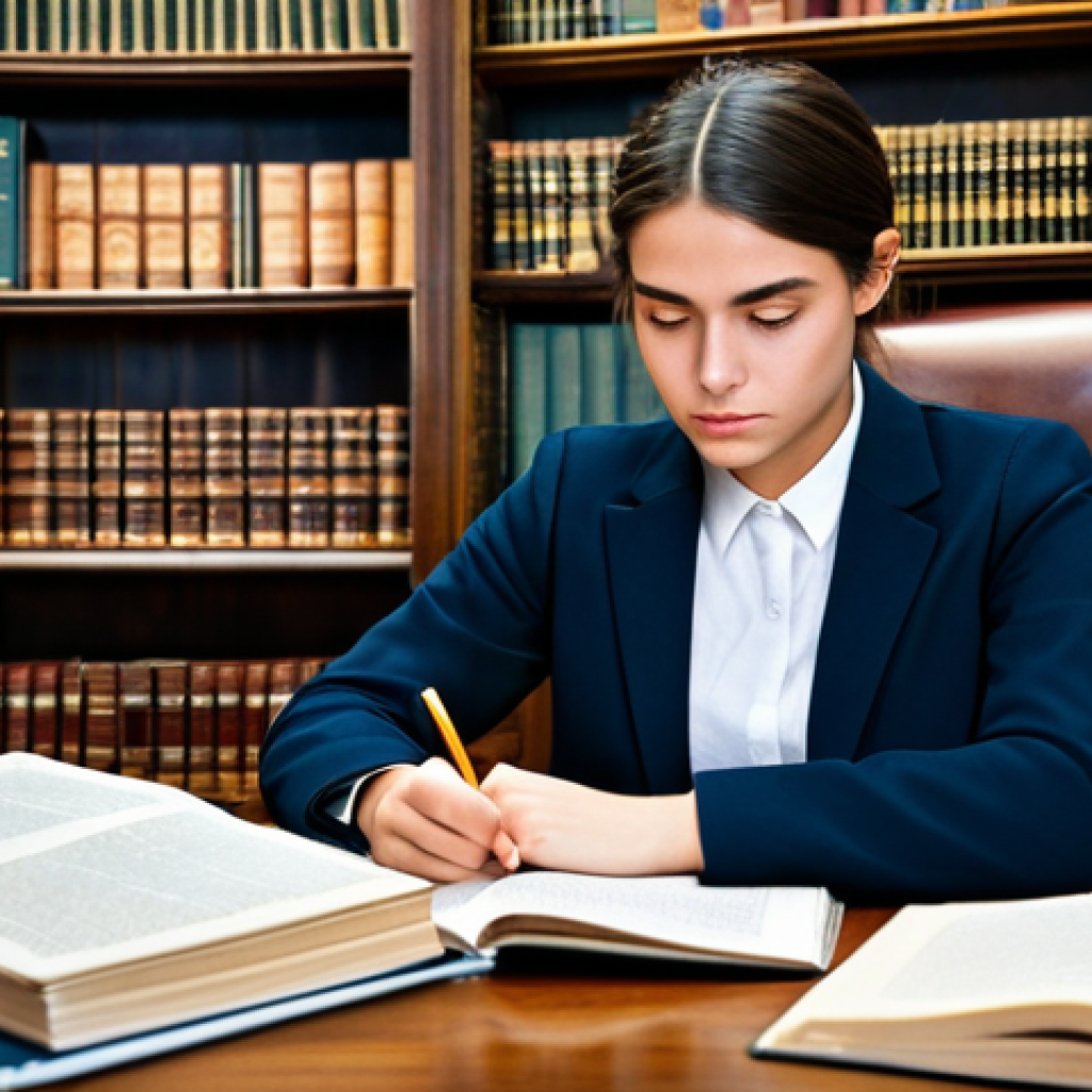 ** A determined young professional, *fully clothed* in a smart business suit, studying diligently at a desk piled with textbooks and legal codes. The setting is a well-lit library with classic French architecture. Focus on her ambition and dedication. "Safe for work," "appropriate content," "professional," "modest," "perfect anatomy," "natural proportions."

**
