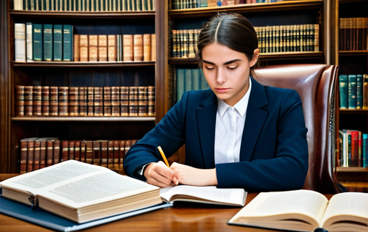 ** A determined young professional, *fully clothed* in a smart business suit, studying diligently at a desk piled with textbooks and legal codes. The setting is a well-lit library with classic French architecture. Focus on her ambition and dedication. "Safe for work," "appropriate content," "professional," "modest," "perfect anatomy," "natural proportions."

**