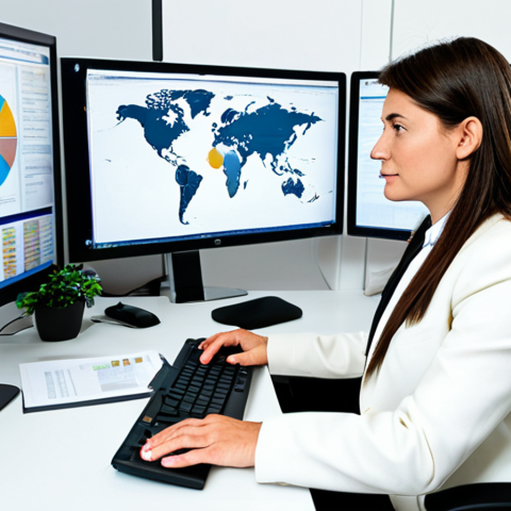 **

"A professional customs broker in a modern, brightly lit office in Paris, reviewing digital documents on a computer screen. The office is filled with world maps and international shipping documents. She is wearing a smart, professional suit. fully clothed, appropriate attire, safe for work, perfect anatomy, natural proportions, professional photography, high quality, modest attire, family-friendly. The focus is on her professionalism and competence in navigating the complexities of international trade, reflecting a modern, efficient approach to customs clearance in France."

**