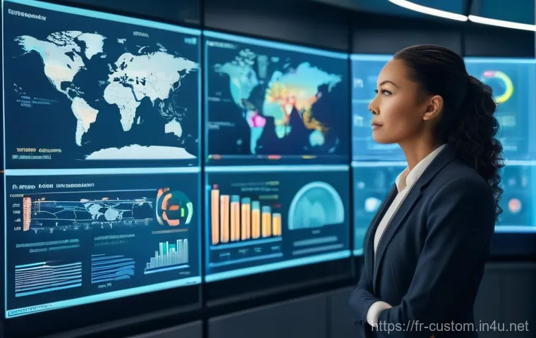관세사와 신기술 활용 사례 - A professional female customs declarant, mid-30s, dressed in a sharp business suit, stands confident...