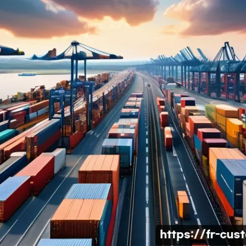 관세사와 국제 운송 비용 관리 - A detailed, realistic international shipping port scene showcasing multiple modes of transport inclu...