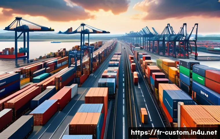 관세사와 국제 운송 비용 관리 - A detailed, realistic international shipping port scene showcasing multiple modes of transport inclu...