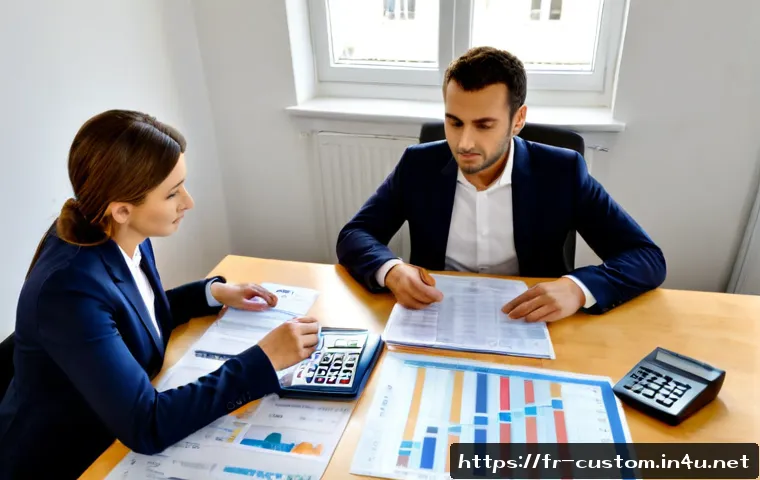 관세사와 무역 분쟁 사례 - Photorealistic French customs broker and small business owner reviewing a trade dispute case at a br...