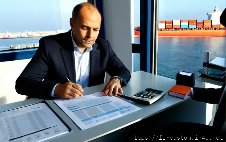 Home 17 FTA 협정 변경 시 대응 방법 - Photorealistic French import-export manager and customs adviser reviewing updated trade documents on...